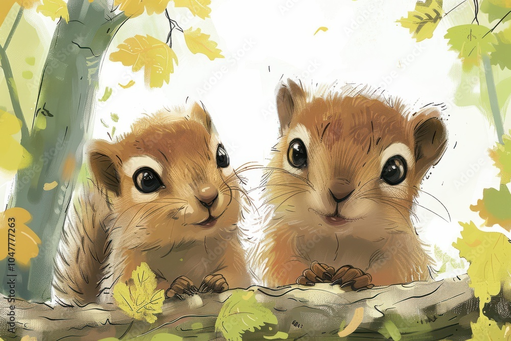 Adorable cartoon-style illustration of two baby squirrels sitting together on a log, smiling.