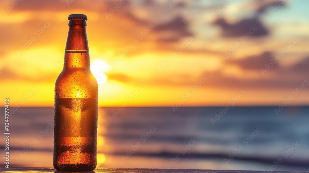 Cold beer bottle on beach at sunset Cold beer bottle on beach at sunset