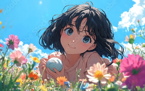 Cute anime girl happily playing with a ball in a sunny park, surrounded by colorful flowers and a clear blue sky photo