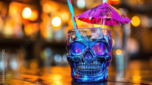 A vibrant cocktail presented in a skull-shaped glass, adorned with a colorful straw and decorative umbrella, themed for a zombie party. photo