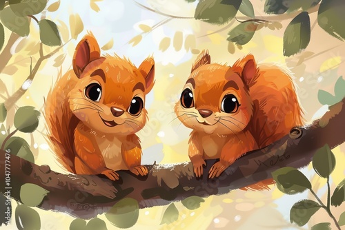 Adorable cartoon-style illustration of two baby squirrels sitting together on a log, smiling.