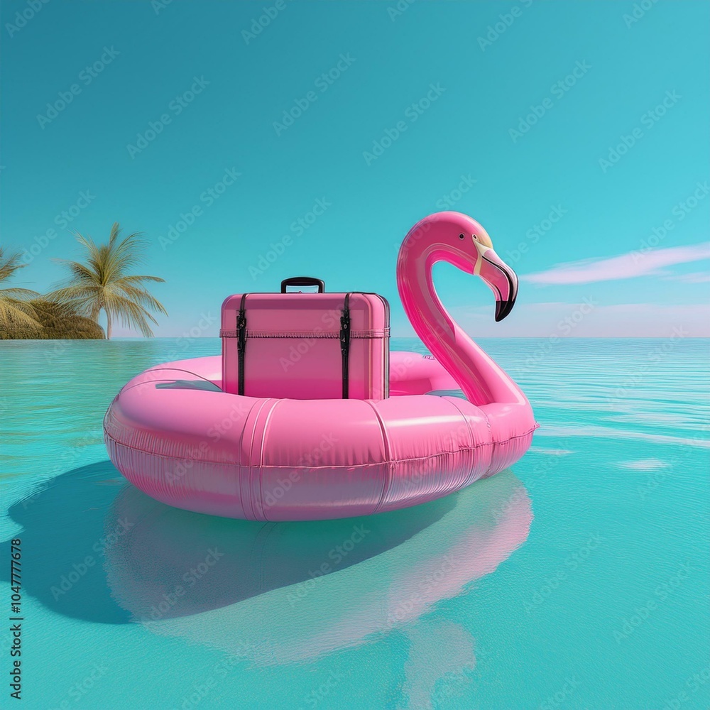 pink flamingo inflatable belt with travel suitcase in turquoise blue water 3d rendering 3d illustration pink flamingo inflatable belt with travel suitcase in turquoise blue water 3d rendering 3d illustration