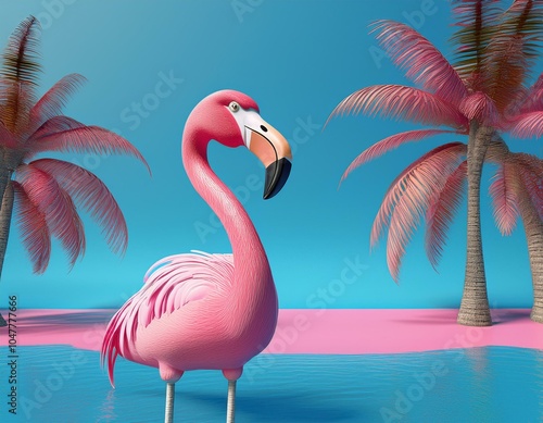 pink flamingo and palm tree on blue summer background 3d rendering 3d illustration