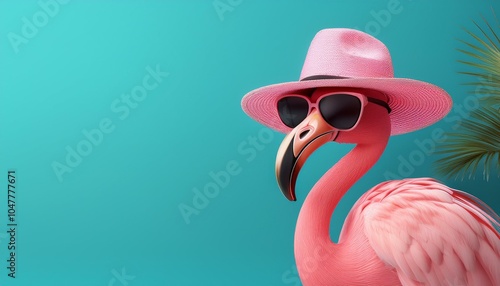 pink flamingo with hat and sunglasses on turquoise blue background with copy space summer travel concept design 3d rendering 3d illustration