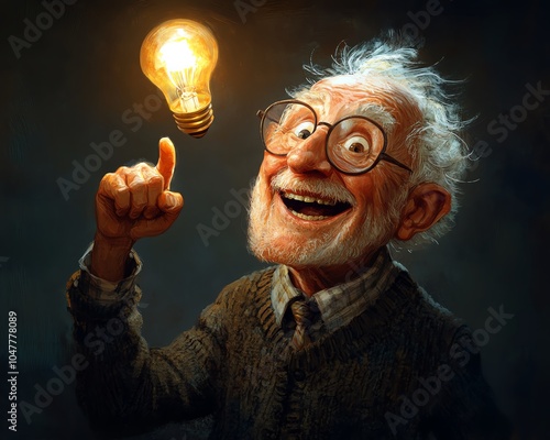 Delightful portrayal of a senior man with a big smile, joyfully pointing with his finger as a lightbulb shines above his head photo