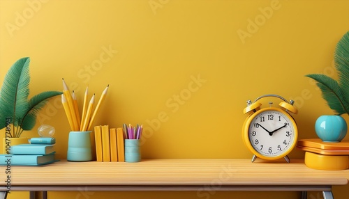 school desk with school accessory and alarm clock on yellow background with copy space 3d rendering 3d illustration