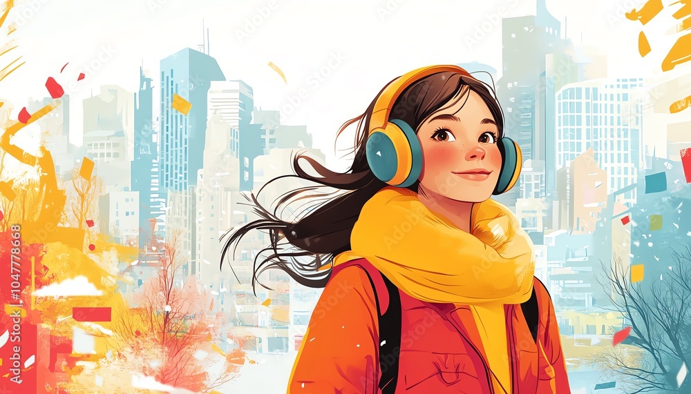 Energetic cartoon of a young woman with big headphones, walking and enjoying music, surrounded by colorful elements of a city Energetic cartoon of a young woman with big headphones, walking and enjoying music, surrounded by colorful elements of a city
