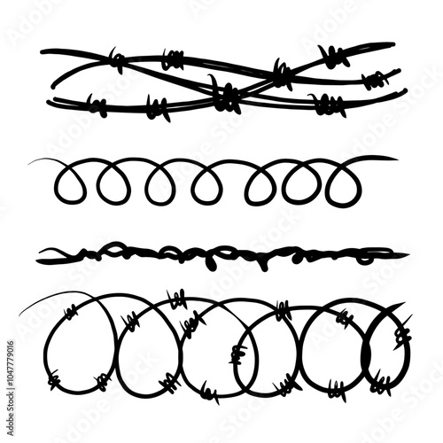 Barbed wire illustration in hand drawn style. Sharp barbwire border chain