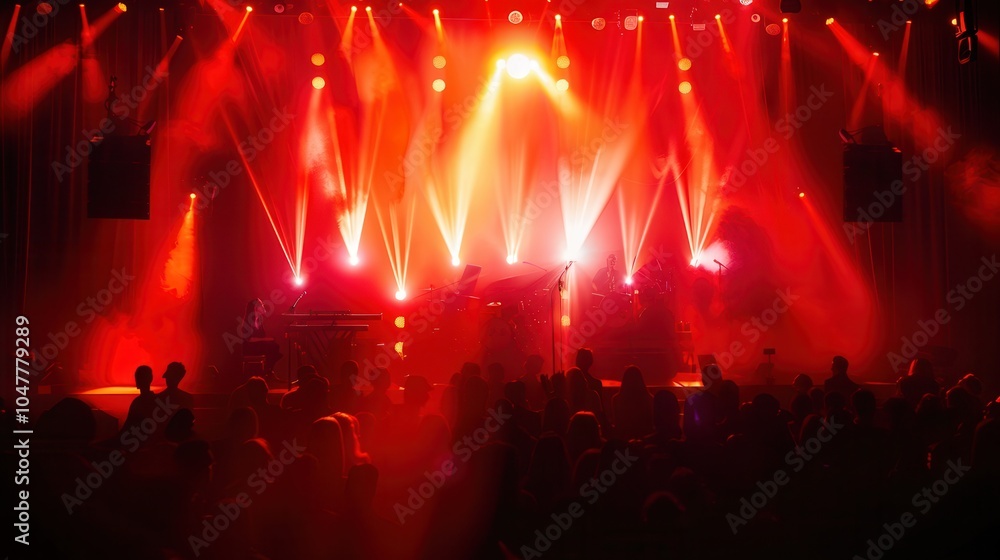 Obraz premium Musicians perform energetically on stage as bright lights illuminate the venue, captivating an excited crowd at the evening concert. Generative AI