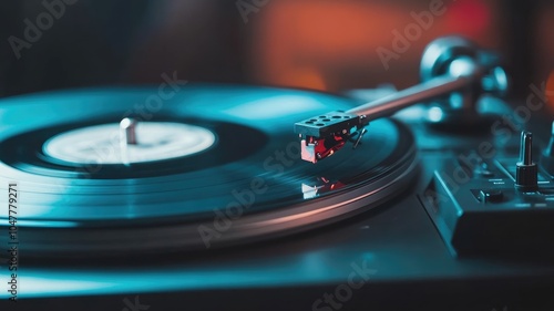 Vinyl record playing on turntable in soft lighting
