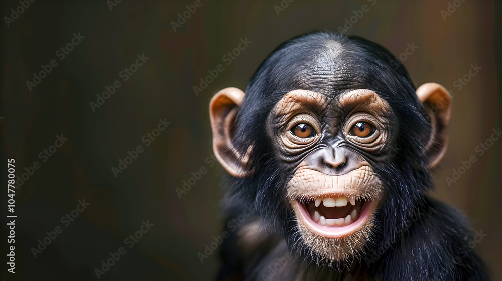 Closeup portrait of a cute and happy baby chimpanzee with a big smile showcasing its expressive face and furry features in a natural jungle or forest setting Closeup portrait of a cute and happy baby chimpanzee with a big smile showcasing its expressive face and furry features in a natural jungle or forest setting