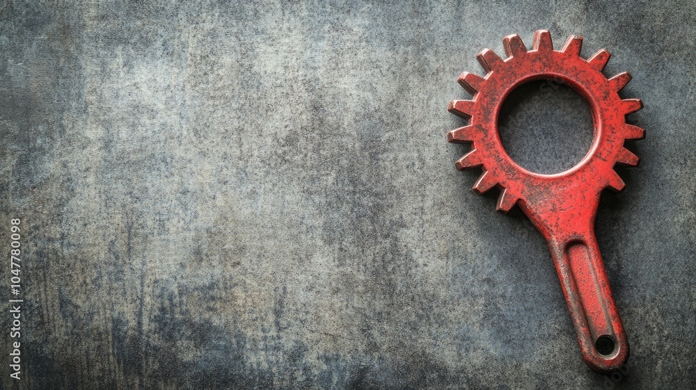 Fototapeta premium Red rusty gear-shaped tool on textured surface