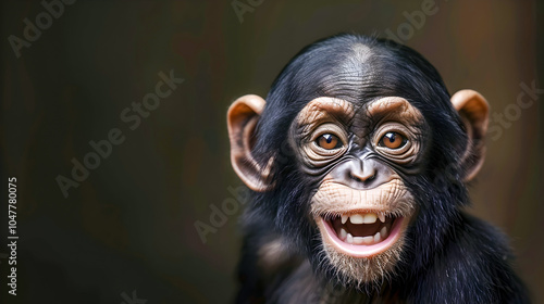 Closeup portrait of a cute and happy baby chimpanzee with a big smile showcasing its expressive face and furry features in a natural jungle or forest setting