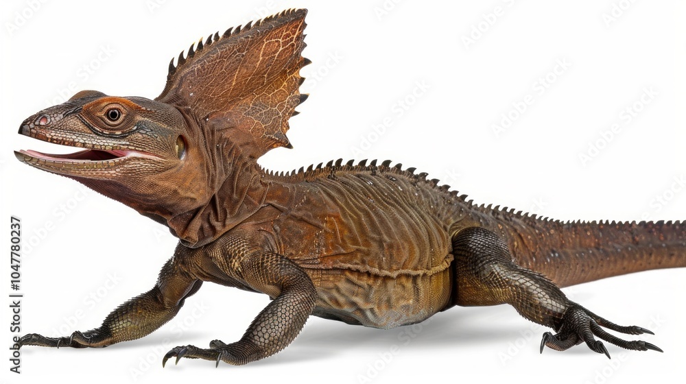 frilled dragon stands alert with its frill fully extended presenting its unique features in clear high key lighting against a white background. The details highlight its texture and posture. frilled dragon stands alert with its frill fully extended presenting its unique features in clear high key lighting against a white background. The details highlight its texture and posture.