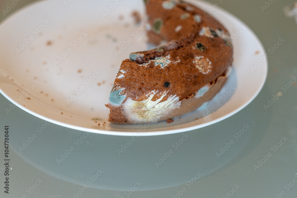 Half of a chocolate cake developed mold on the surface Half of a chocolate cake developed mold on the surface