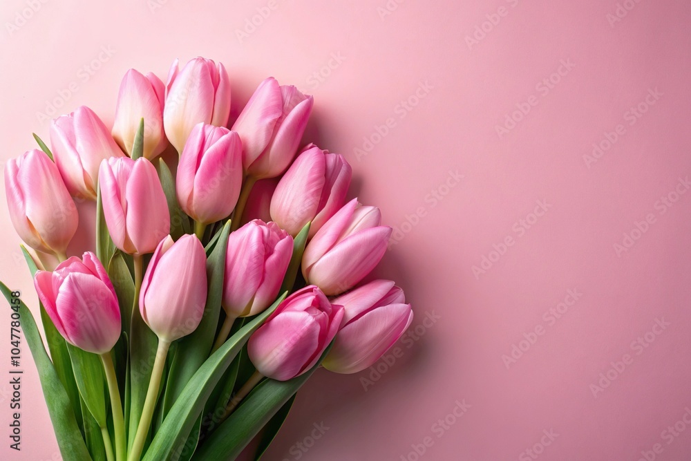 Symmetrical elegant pink tulip bouquet on soft pink background perfect for spring themes Symmetrical elegant pink tulip bouquet on soft pink background perfect for spring themes