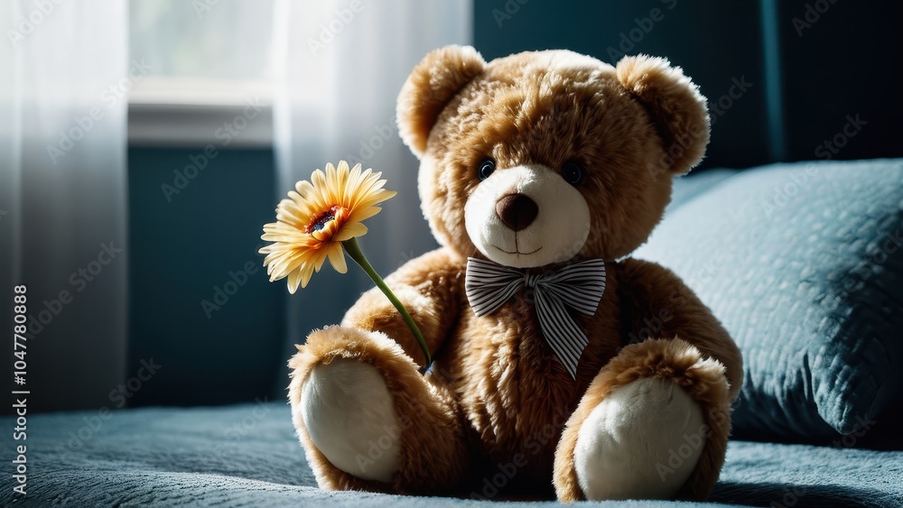 Obraz premium Adorable teddy bear with a flower, ideal for expressing love and affection, perfect as a thoughtful gift or a cozy decor piece.
