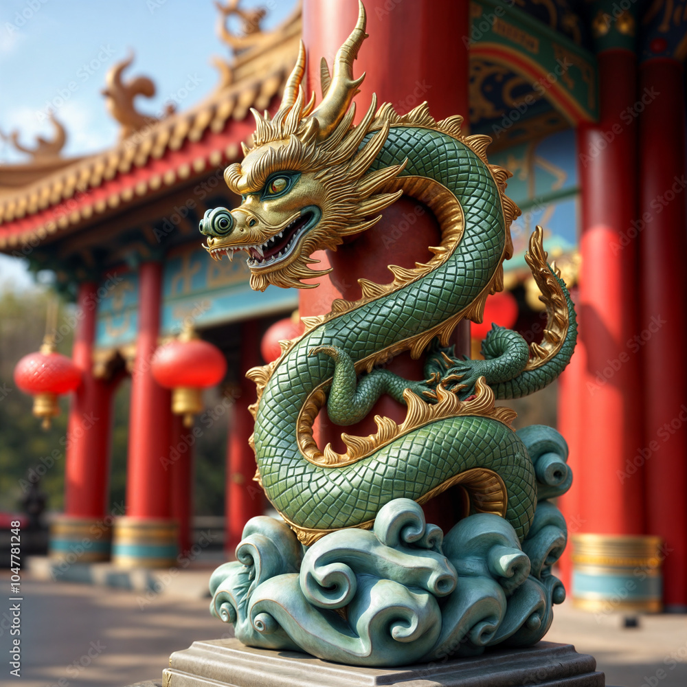Fototapeta premium Statue of a dragon with a golden body and red and gold scales, standing on a pedestal with red pillars and a gold roof.