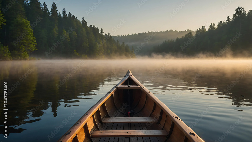 a wooden canoe gliding through a calm lake at dawn, with soft mist rising from the water and the surrounding forest bathed in early morning light. a wooden canoe gliding through a calm lake at dawn, with soft mist rising from the water and the surrounding forest bathed in early morning light.