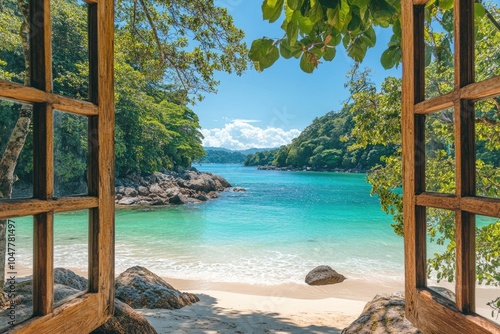Wallpaper Mural A window opens to a scenic view of a tropical beach. This photo is perfect for travel brochures, websites, or social media posts to promote vacation destinations. Torontodigital.ca