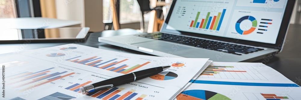 Laptop and graphs on table, analysis and statistics in office environment. Laptop and graphs on table, analysis and statistics in office environment.
