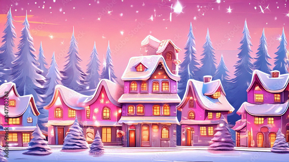 Fototapeta premium Christmas Harmony in a Joyful Cartoon Wonderland with Glittering Trees, Cheerful Decorations, and Enchanting Details, Illuminating a Festive Village in Delightful Blue and Pink Hues