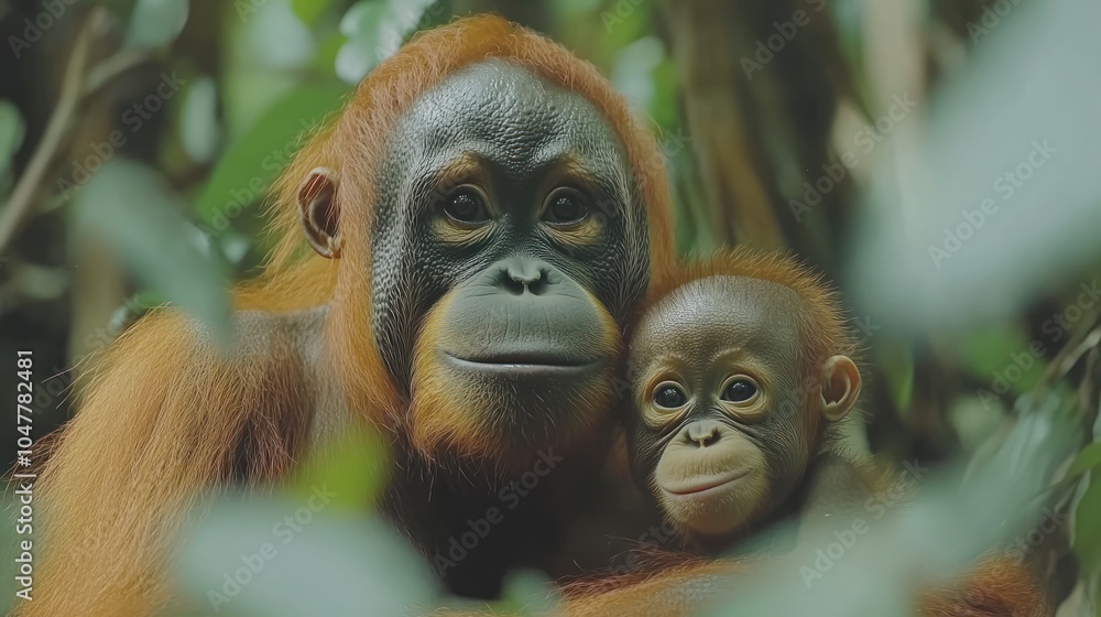 Fototapeta premium A mother orangutan cradles her baby in the lush green rainforest.
