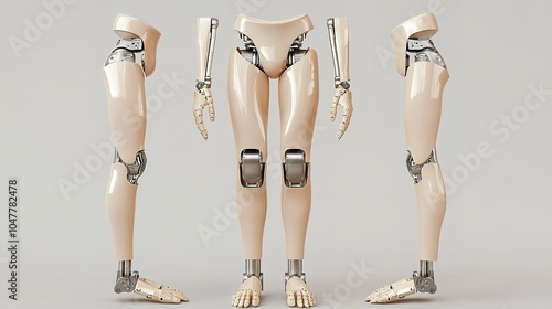 A humanoid robotic figure showcasing its limbs from multiple angles, emphasizing its mechanical joints and design.