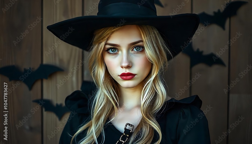 portratit of a beautiful girl in a hat wearing a witch costume, Carnival costume, Witch. Mag. Witchcraft, Halloween costume, Halloween makeup, created with generative ai portratit of a beautiful girl in a hat wearing a witch costume, Carnival costume, Witch. Mag. Witchcraft, Halloween costume, Halloween makeup, created with generative ai