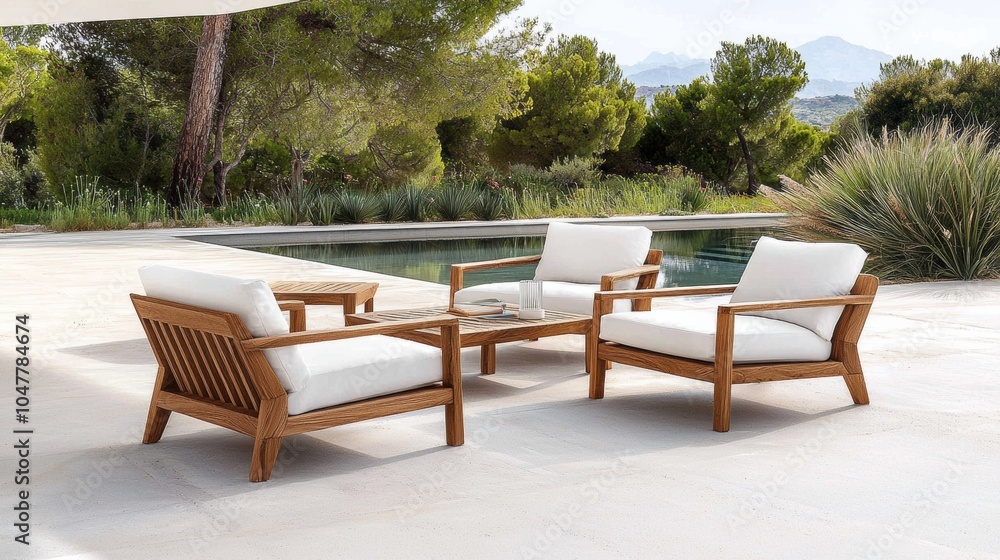 Obraz premium Peaceful Outdoor Lounge Area with Wooden Furniture and Natural Surroundings
