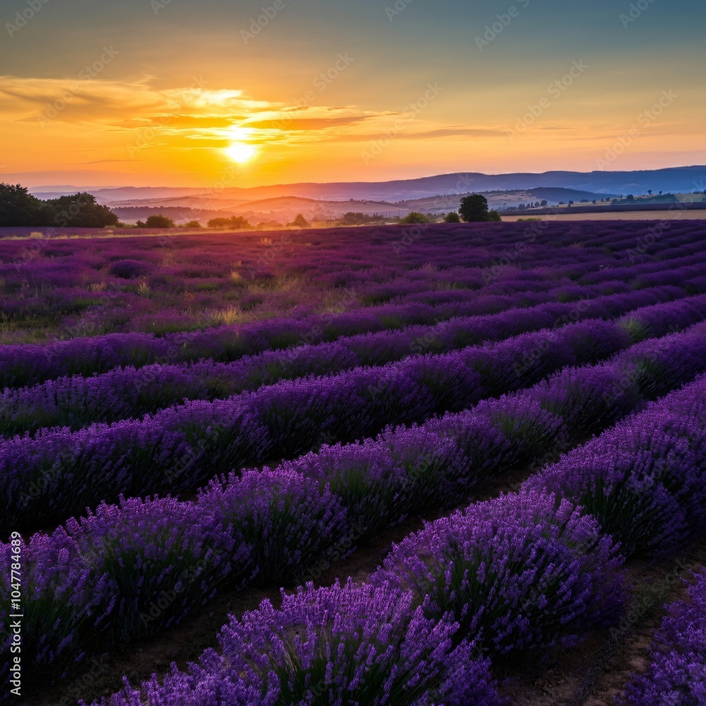 Fototapeta premium Rolling hills covered in vibrant lavender fields at sunrise