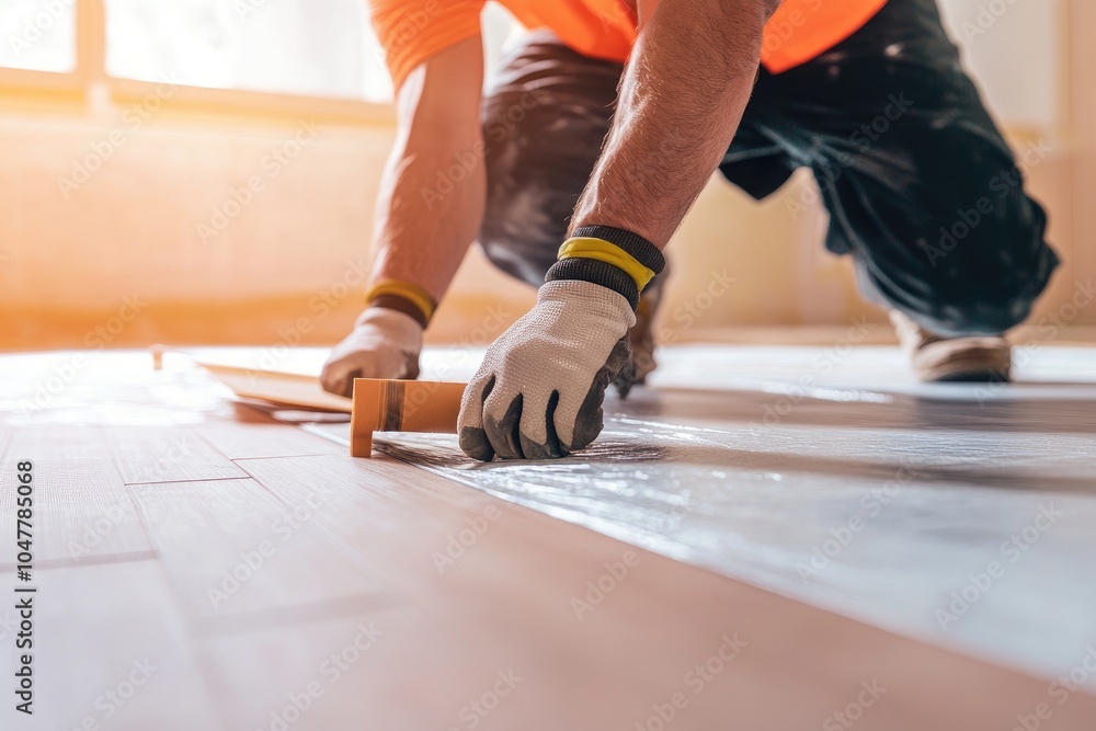 A construction worker installing floor tiles. This image can be used to represent home improvement, construction, and DIY. A construction worker installing floor tiles. This image can be used to represent home improvement, construction, and DIY.