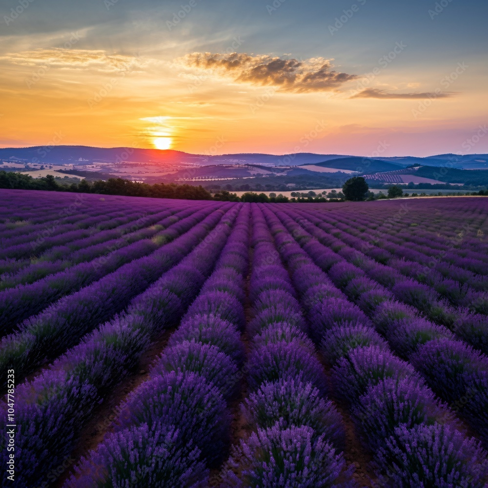 Rolling hills covered in vibrant lavender fields at sunrise Rolling hills covered in vibrant lavender fields at sunrise