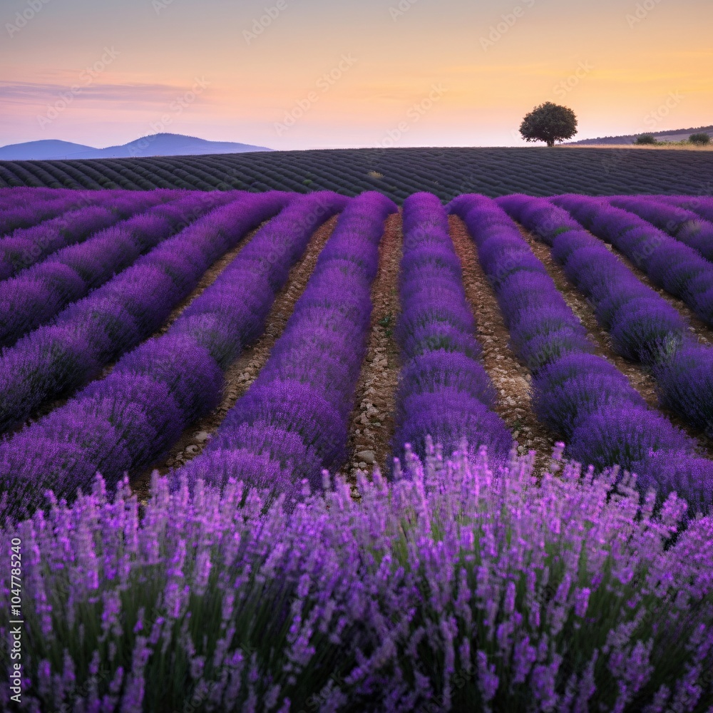 Obraz premium Rolling hills covered in vibrant lavender fields at sunrise