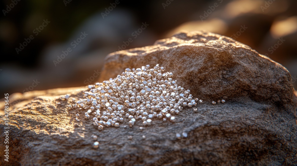 A pile of silver granules on a rough rock surface. A pile of silver granules on a rough rock surface.