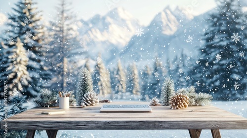 A wooden desk featuring open space for decoration against a winter landscape, evoking a Christmas ambiance in the mountains.