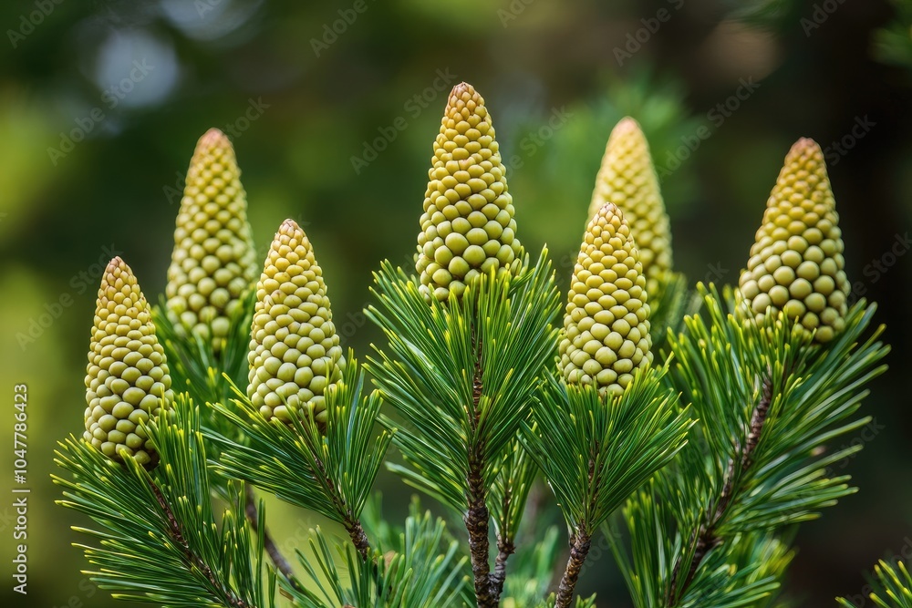Fototapeta premium Close-up of pine cones on a branch. Perfect for nature, botany, or environmental themes.