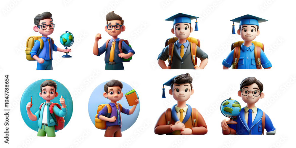Animated Boy Characters with Educational Themes, PNG collection, set bundle, isolate on transparent or white background Animated Boy Characters with Educational Themes, PNG collection, set bundle, isolate on transparent or white background