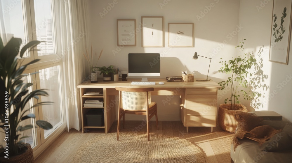 Fototapeta premium Cozy Minimalist Home Office Setup with Natural Light