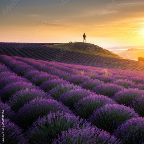 Rolling hills covered in vibrant lavender fields at sunrise