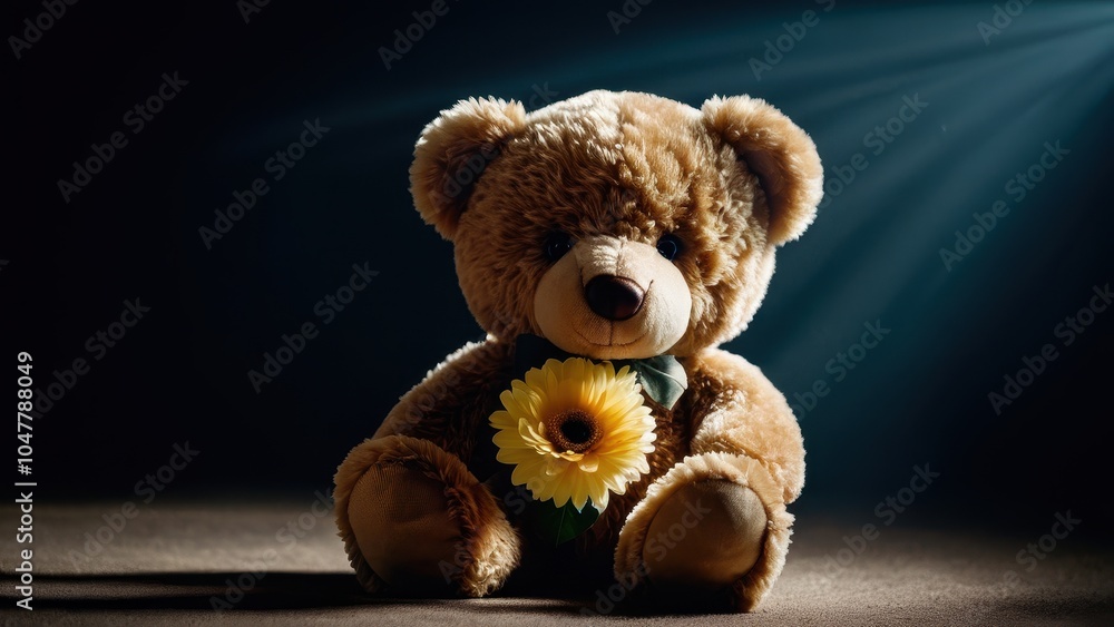 Obraz premium Adorable teddy bear with a flower, ideal for expressing love and affection, perfect as a thoughtful gift or a cozy decor piece.