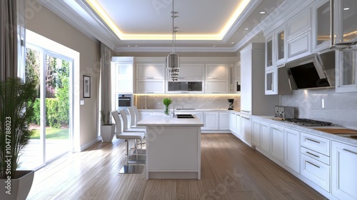 Amazing new contemporary with large white kitchen with kitchen i. Modern kitchen. Ultra realistic. Photorealistic