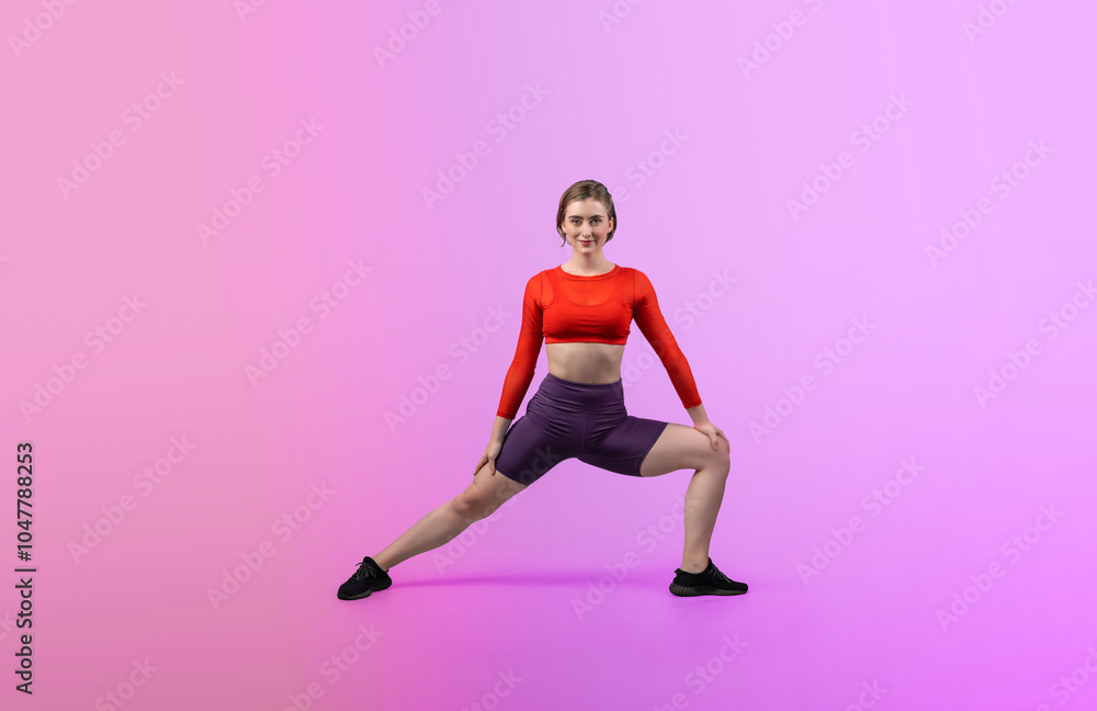 Full body length gaiety shot athletic and sporty woman doing healthy and meditative yoga exercise workout posture on isolated background. Healthy active and body care lifestyle Full body length gaiety shot athletic and sporty woman doing healthy and meditative yoga exercise workout posture on isolated background. Healthy active and body care lifestyle