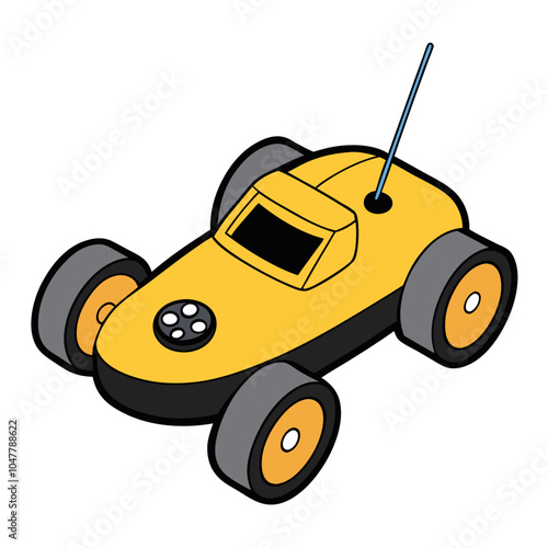 A vibrant illustration of a yellow remote control car, perfect for adding a touch of fun and energy to your designs. This playful depiction of a beloved childhood toy is ideal for kids' products.