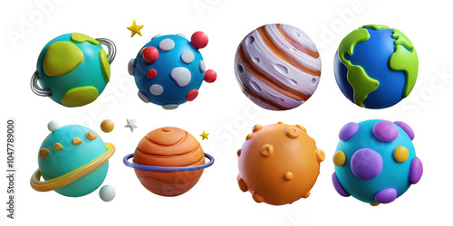 Colorful 3D Planets and Stars in Playful Style, PNG collection, set bundle, isolate on transparent or white background