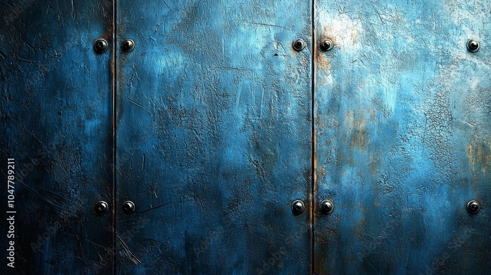 A textured blue metal surface with rivets, suggesting industrial design or artistic backdrop. A textured blue metal surface with rivets, suggesting industrial design or artistic backdrop.