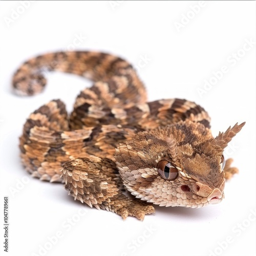 Horned Viper lies motionless with its intricate patterns visible against a soft white background highlighting its distinctive horns and natural beauty.