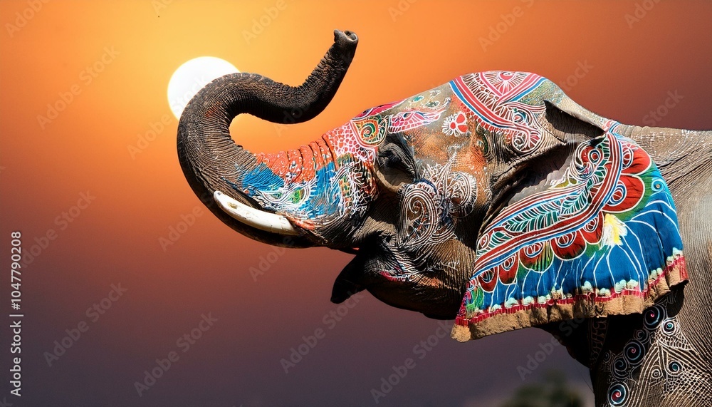 Obraz premium A profile portrait of an elephant's head adorned with vibrant, colorful patterns.