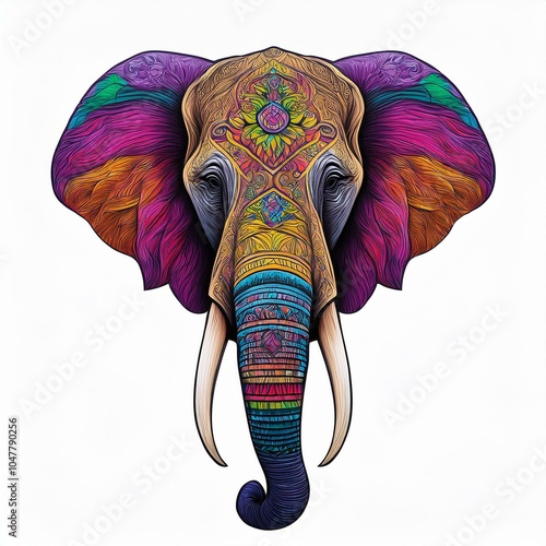 The head of an elephant seen from the front, decorated with colorful drawings, isolated on a white background.