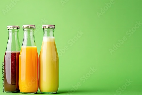 Three glass bottles with colorful juices. Perfect for juice brands, healthy lifestyle, and food photography.